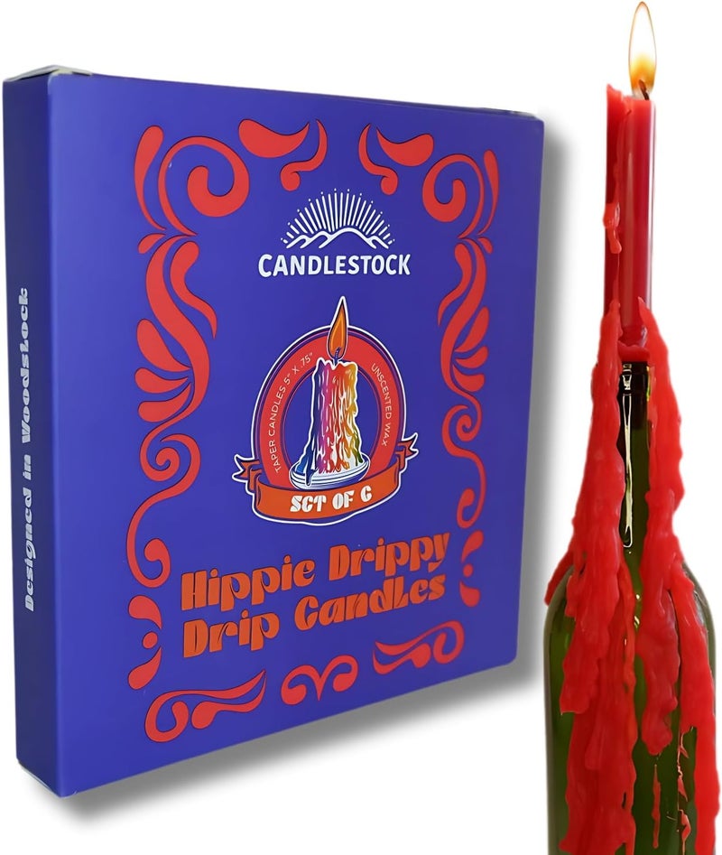 Candlestock Hippie Drippy Drip Candles - Pack of 6 Dripping Taper - Wine Bottle Melting Candles (Red) - Image 1